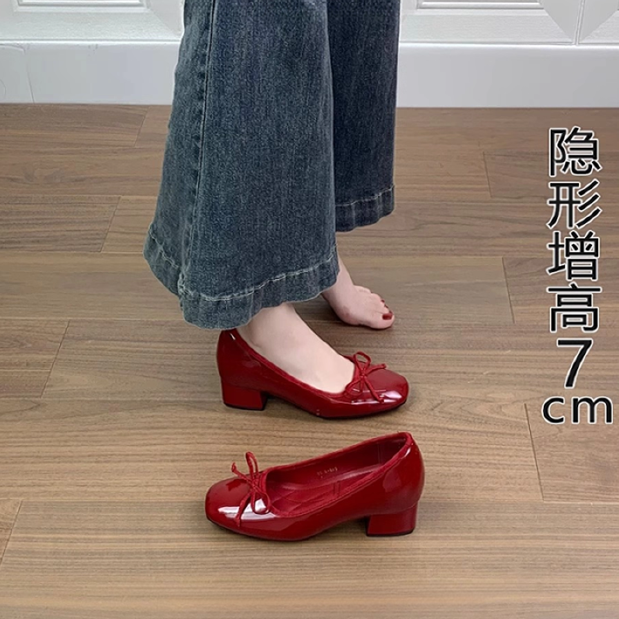 蝴蝶结方头增高红色浅口玛丽珍鞋