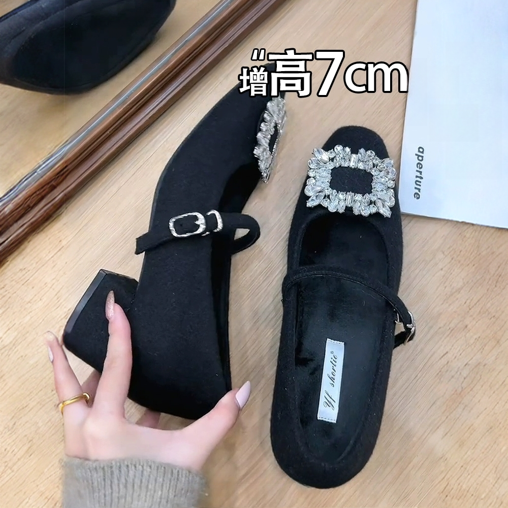 小香风黑色内增高水钻玛丽珍鞋女