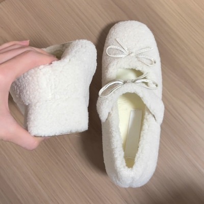 白色粗跟加绒增高蝴蝶结玛丽珍鞋