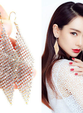 925银钩防过敏欧美夸张大耳环 镶钻礼服婚纱网红长耳饰 earrings