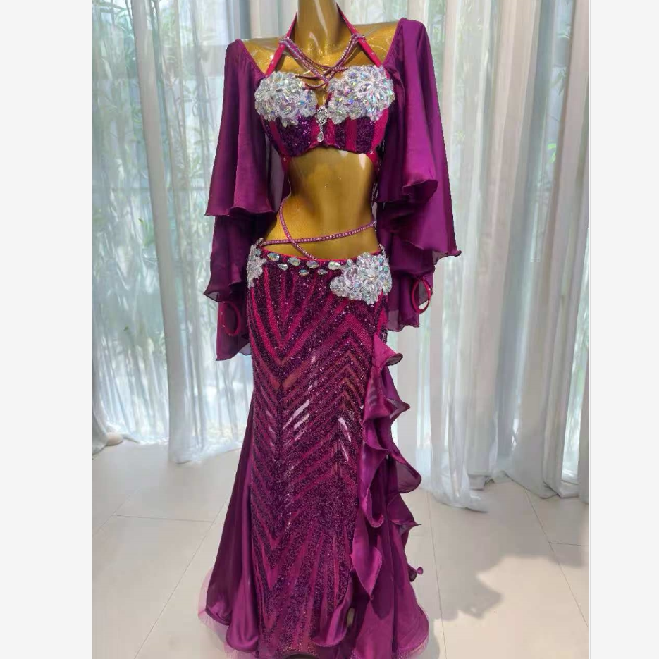 舞姿翼肚皮舞表演演出服女2024新款宝蓝镶钻东方舞套装qc3131-1