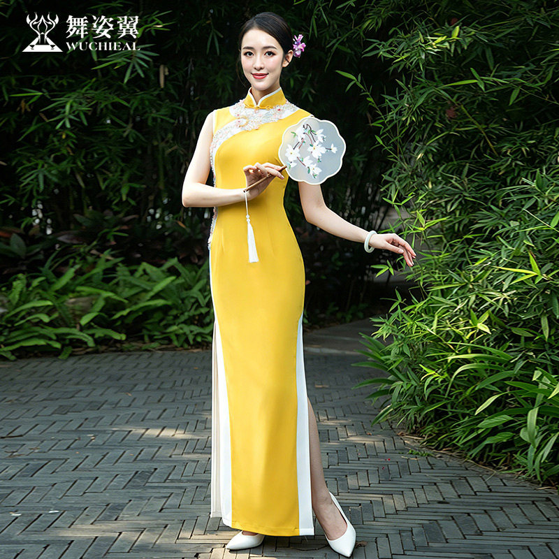 舞姿翼2026新款古典训练服走秀练功服旗袍形体服演出黄色XT1567