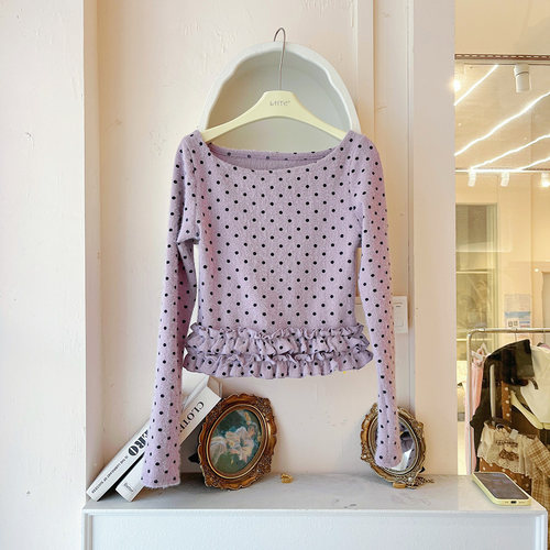 青青大码女装 秋冬修身通勤显瘦百搭紫色波点长袖针织上衣C5192