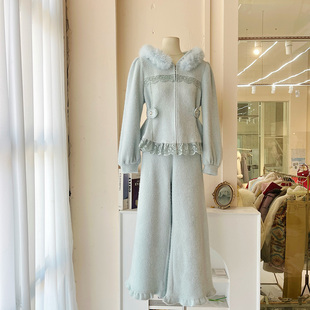 减龄拼接蕾丝边连帽两件套T5398蓝色 慵懒风法式 LHTE青青大码 女装