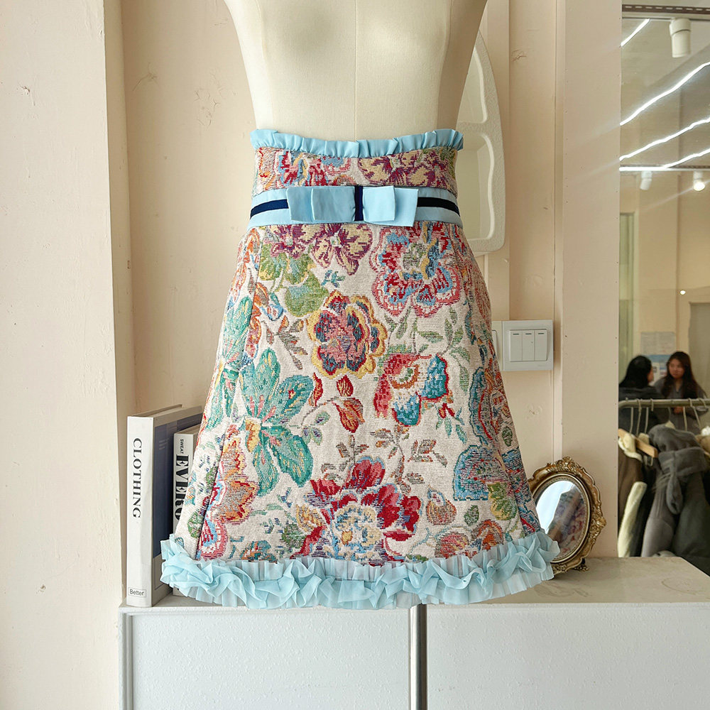 LHTE青青大码女装  秋冬复古提花气质碎花百搭甜美短裙D5365