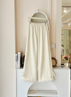 青青大码女装 冬款加绒加厚阔腿休闲白色糯米裤高腰显瘦长裤K5216