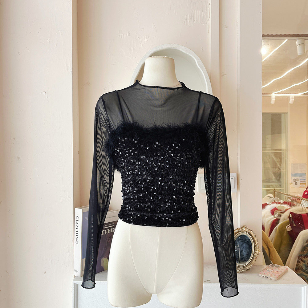 LHTE青青大码女装 赫本风性感网纱亮片毛毛黑色纯欲两件套C5418,模玩/动漫/周边/娃圈三坑/桌游,Cosplay女装/cos女装,淘宝优惠券,粉丝福利购,淘宝优惠卷