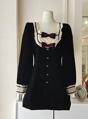 LHTE青青大码女装  法式方领拼接蕾丝丝绒连衣裙小黑裙L5484黑色