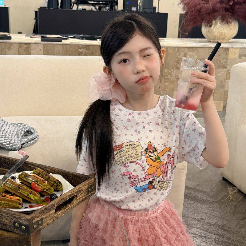 古德家童装女童T恤2026夏季新款粉红豹碎花印花透气舒适甜美短袖
