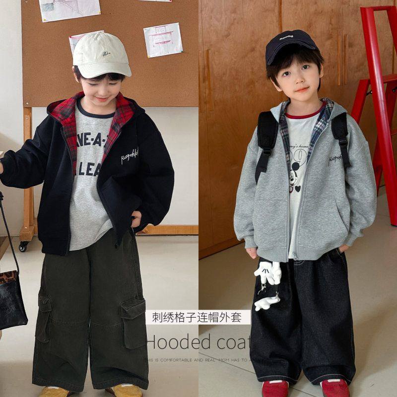 古德家2025男童秋季新款韩版字母刺绣宝宝卫衣格子内里连帽儿童