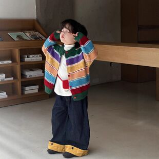 古德家25秋季韩版男女童复古装饰彩虹条纹针织开衫慵懒风毛衣毛绒