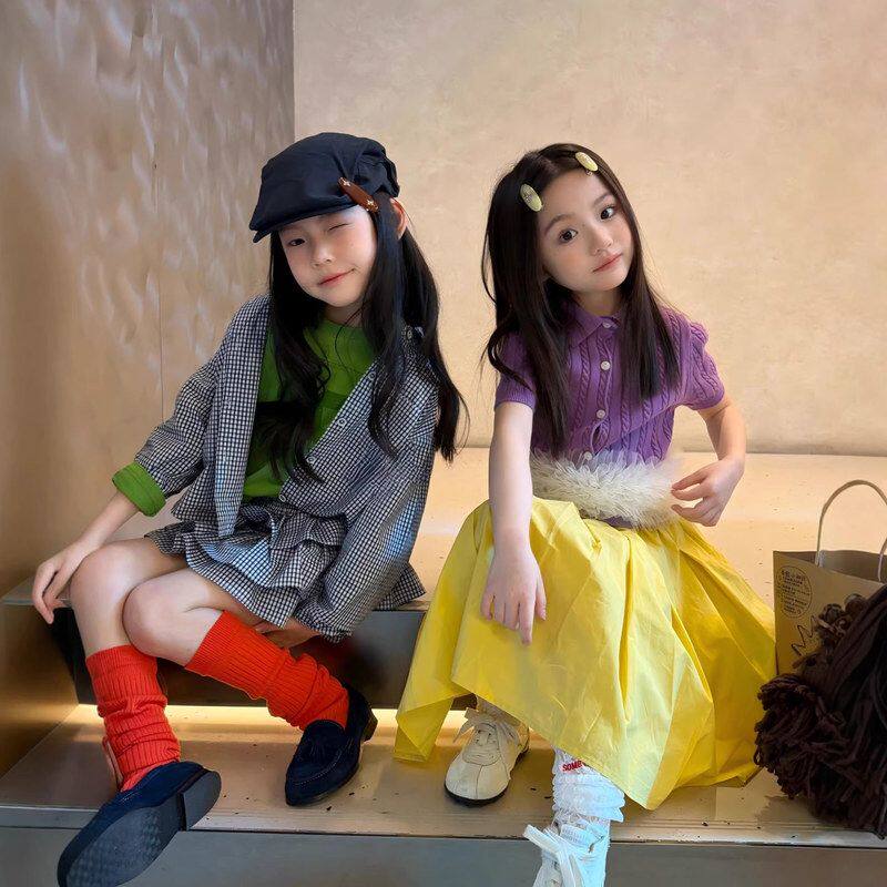 古德家女童春夏套装2026新款小女孩韩系格子衬衣+半身裙套装