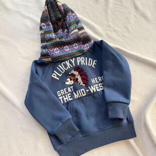 古德家秋冬新款日系印第安毛线帽男童女童加绒连帽卫衣儿童洋气