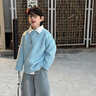 古德家2025冬季新款韩版男童纯色加绒加厚保暖圆领毛衣儿童上衣潮