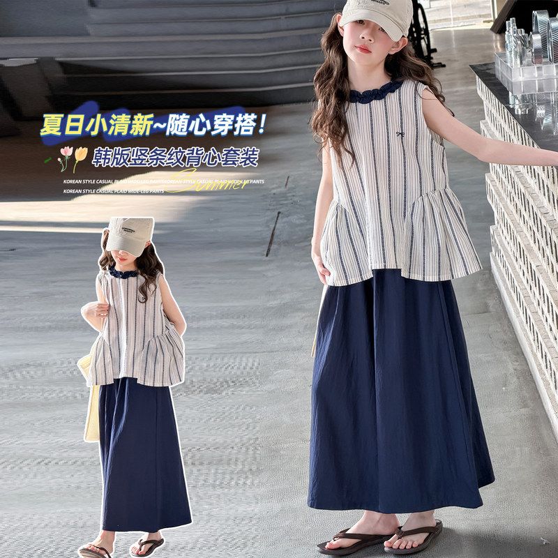 古德家夏季女童短袖t裤子套装新款童装儿童女孩短袖T恤九分阔腿裤