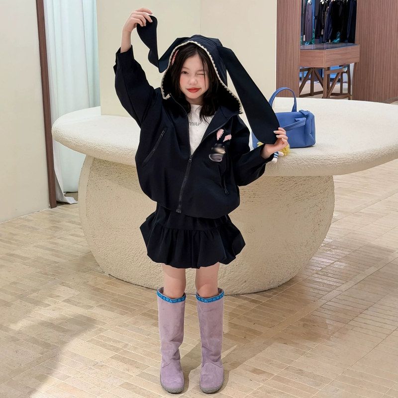 古德家女童可爱长兔耳朵连帽外套短裙套装2026秋儿童可爱夹克裙子