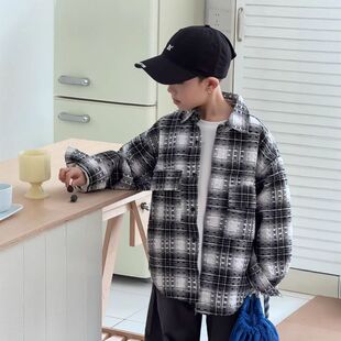古德家26春新品童装中小童男童黑白格子翻领宽松破洞长袖衬衫外套