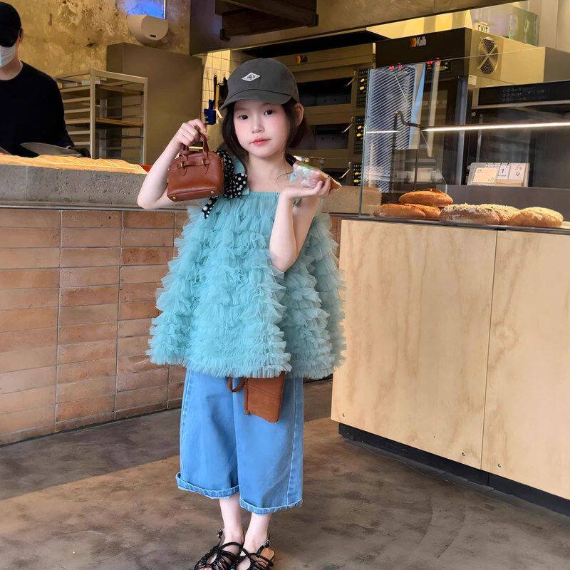 古德家童装女童套装春夏款2026女童蓬蓬吊带纱裙+直筒牛仔裤童套
