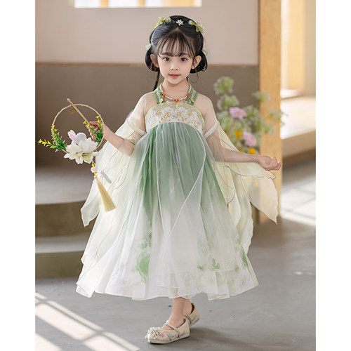 清仓女童刺绣花朵汉服公主纱裙儿童小女孩夏装洋气中式国潮连衣裙