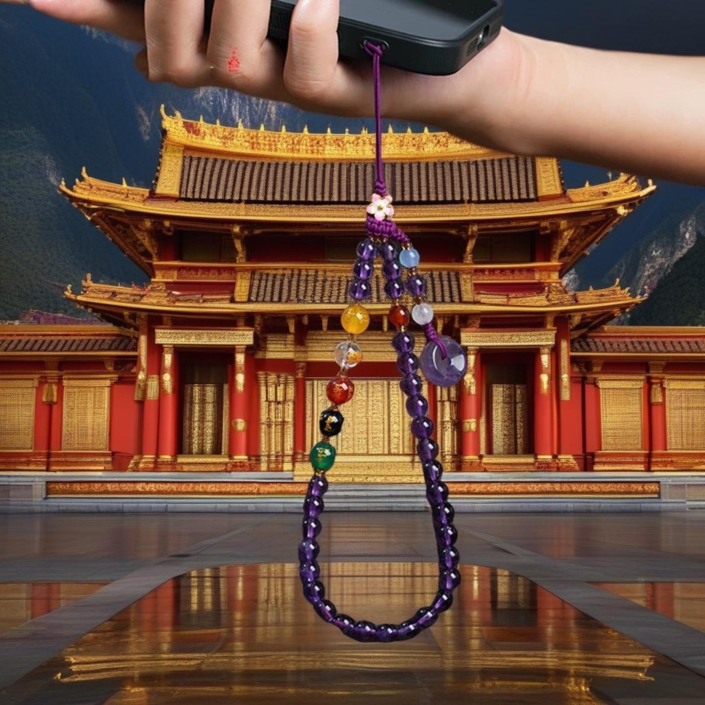 紫水晶五路财神手机链挂绳挂件