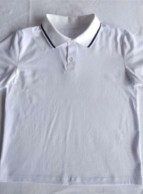 中小学生夏季POLO衫白色领一藏蓝杠学生校服上衣短袖中性款可定做