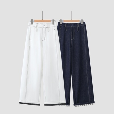 春季新款率性丹宁卷边阔腿裤