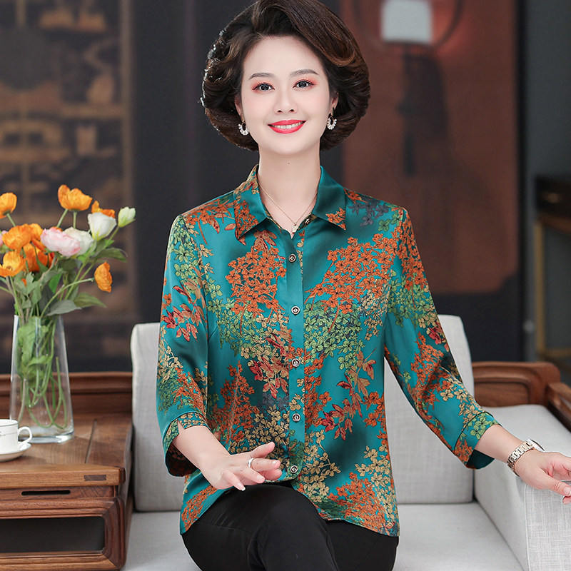 中老年真丝免熨衬衫七分袖女大码妈妈桑蚕丝香云纱印花T恤