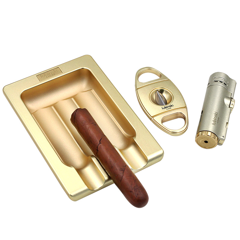 鲁宾斯基雪茄工具套装合金烟灰缸4直冲打火机V型剪刀三件工具礼盒