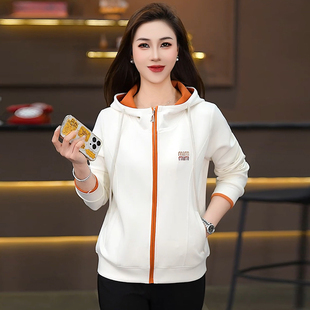 白色连帽拉链卫衣女长袖休闲外套中年妈妈装棉女款减龄洋气卫衣