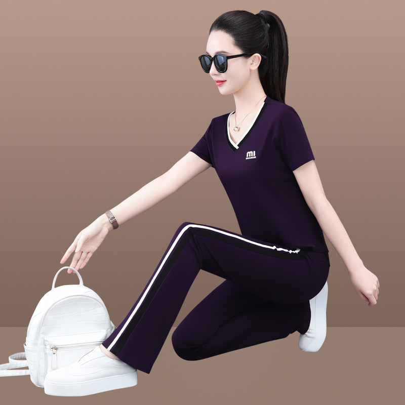 运动套装女2026新款V领短袖两件套宽松减龄妈妈装洋气减龄
