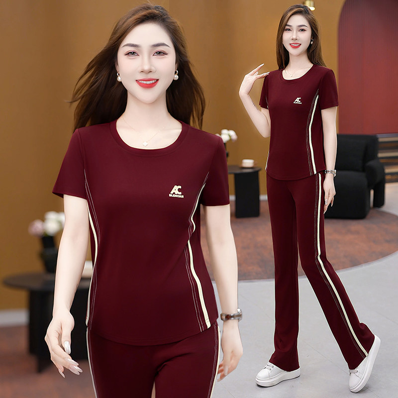 时尚妈妈显瘦休闲运动套装女夏季2025新款宽松洋气翻领短袖跑步服