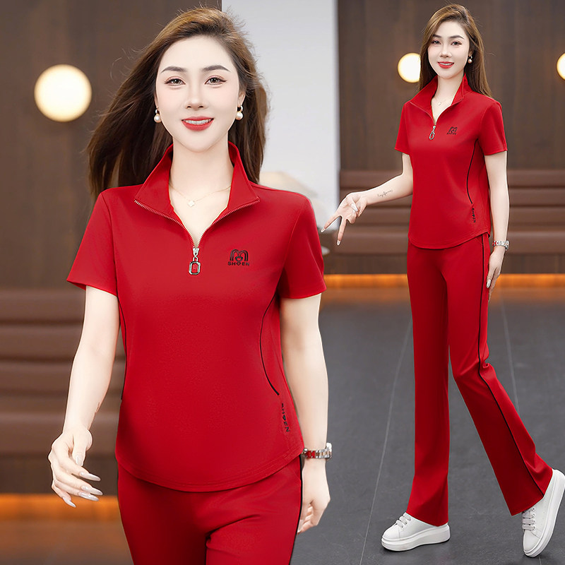 夏季新款红色休闲运动套装女春季短袖立领两件套洋气减龄妈妈装