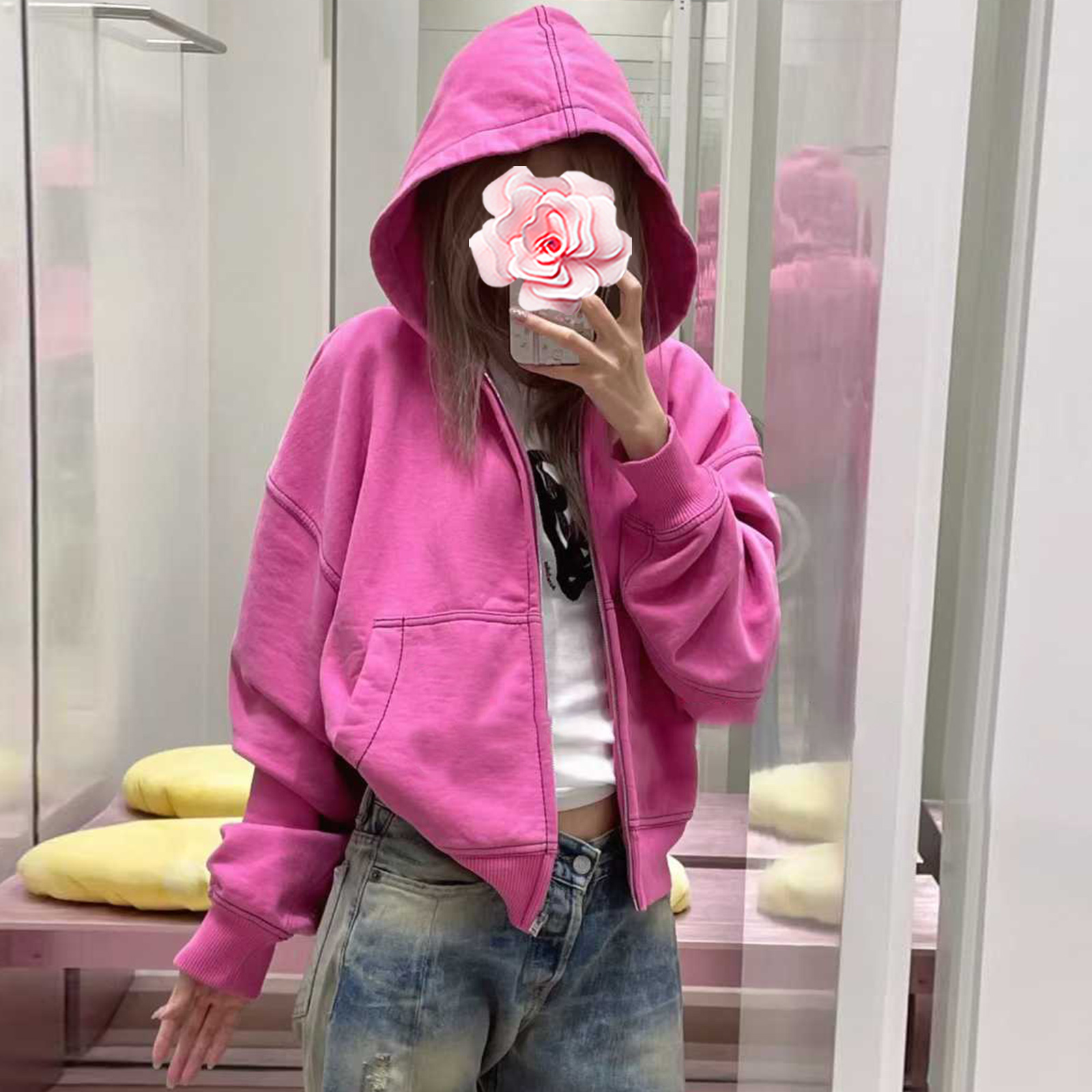 撞色车线镶边大口袋连帽卫衣