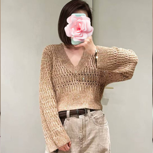 bling亮片镂空编织亚麻针织衫