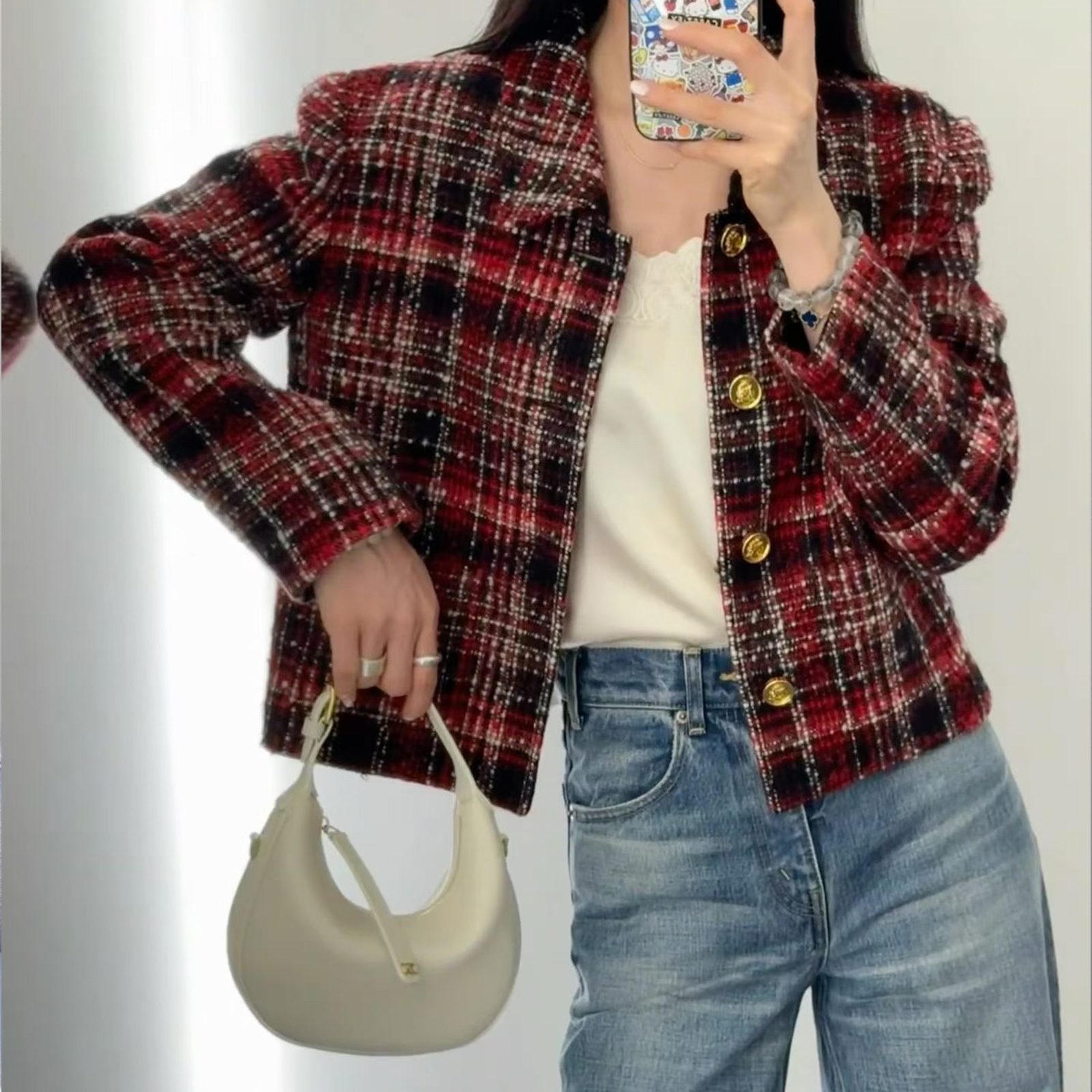 奢华金扣重工格子羊毛薄花呢外套