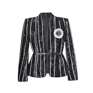 垫肩立体肩线对襟外套 亮片条纹 chao重工 水钻珍珠毛边徽章