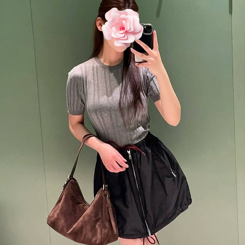 坑条弹力修身棉线短袖针织衫
