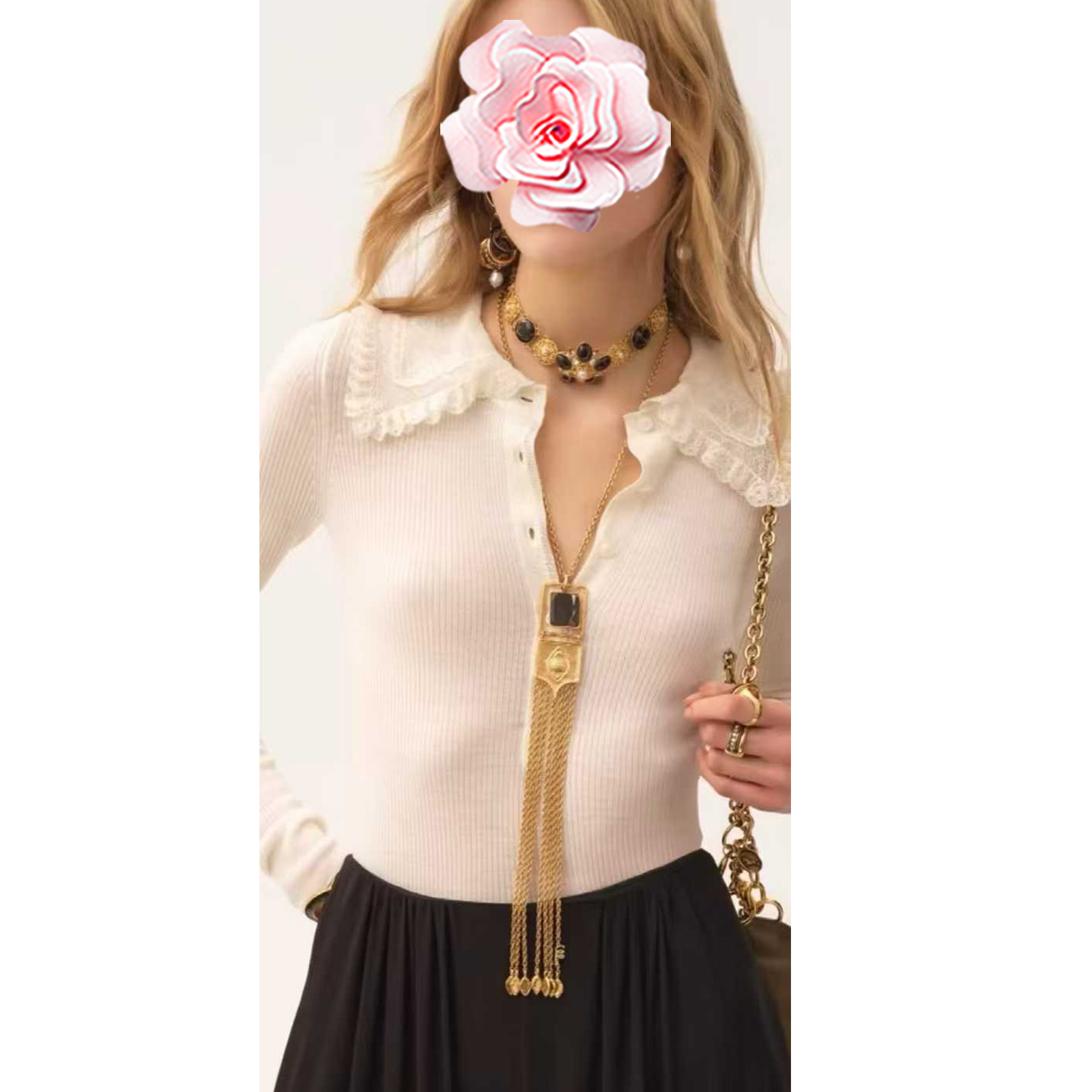 不退不换 原459 特惠279 25新款 蕾丝花边彼得潘大翻领羊毛针织衫