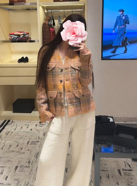 香奶奶 粉橙色 甜美弧形口袋 定织格子羊毛薄花呢外套+真丝里衬