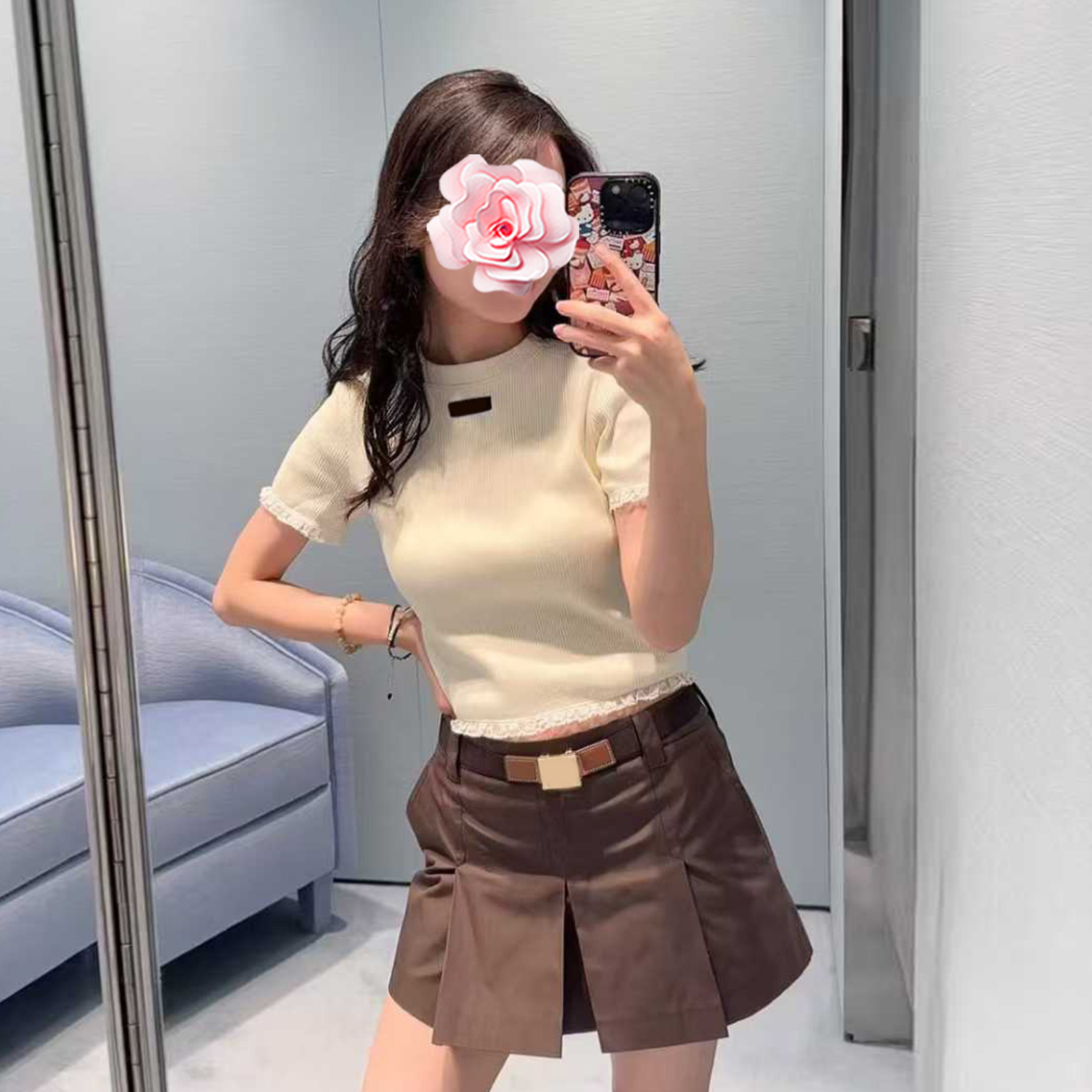 甜美蕾丝花边修身螺纹棉短袖T恤