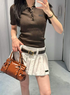 花边POLO领坑条提花短袖针织衫