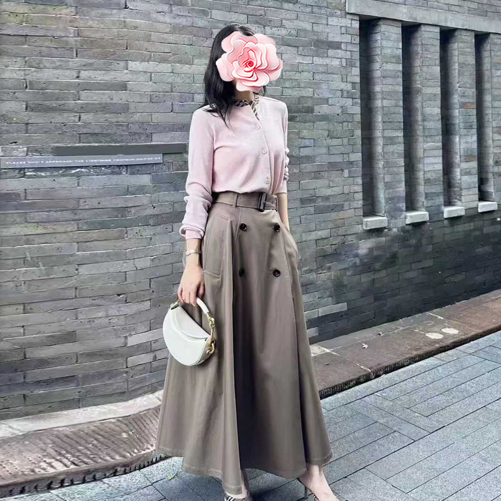 定制腰带高腰大A摆风衣款半身裙