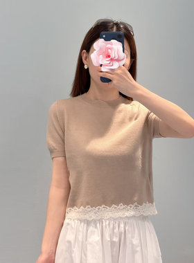 蕾丝拼接衣摆短袖薄羊毛针织衫