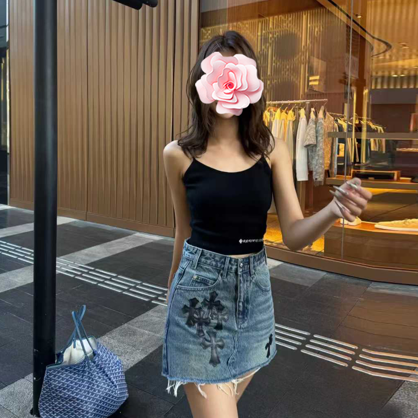 显腿长十字架高腰A摆牛仔半身裙