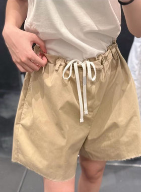 抽绳系带褶皱高腰阔腿A摆短裤