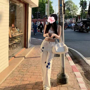 蓝色仿皮星星高腰阔腿直筒牛仔裤 不退不换 25新款 特惠239 原439