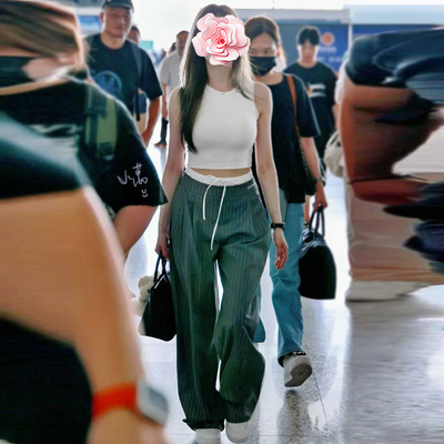 精纺羊毛撞色松紧高腰长裤