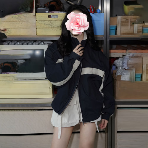 撞色镶边软胶条宽肩纯棉外套