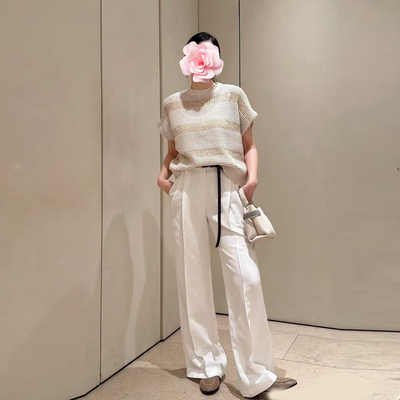 珠链腰带扣高腰阔腿天丝亚麻长裤