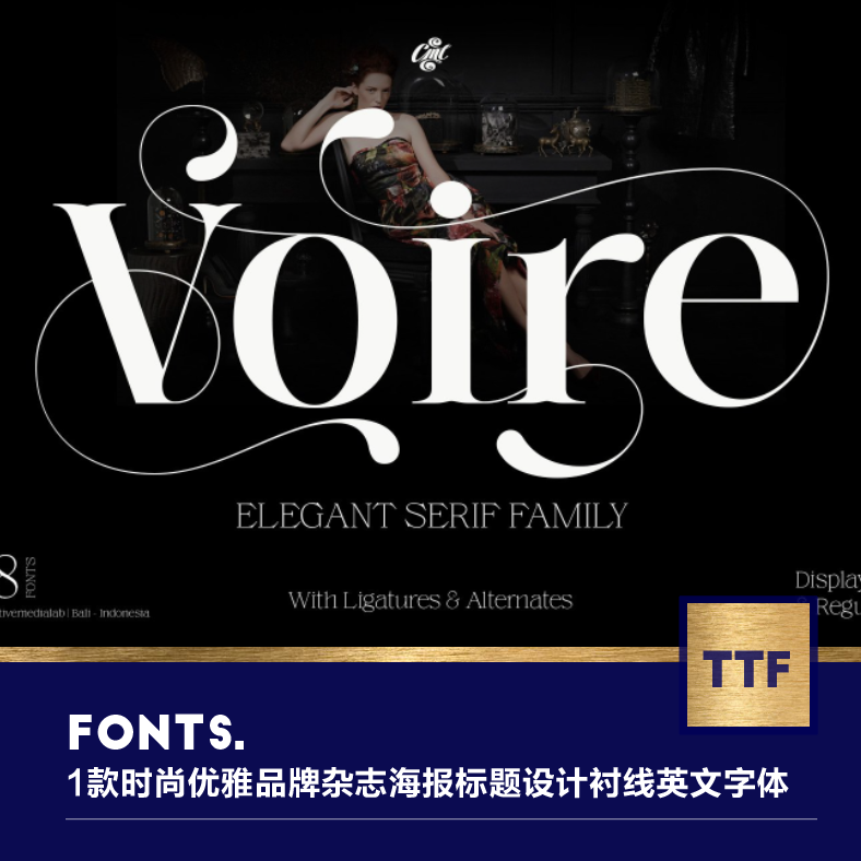 1款时尚优雅酸性品牌杂志海报婚礼标题衬线英文字体font设计素材